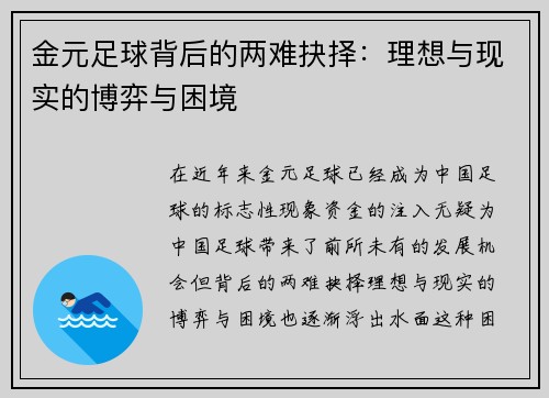 金元足球背后的两难抉择：理想与现实的博弈与困境